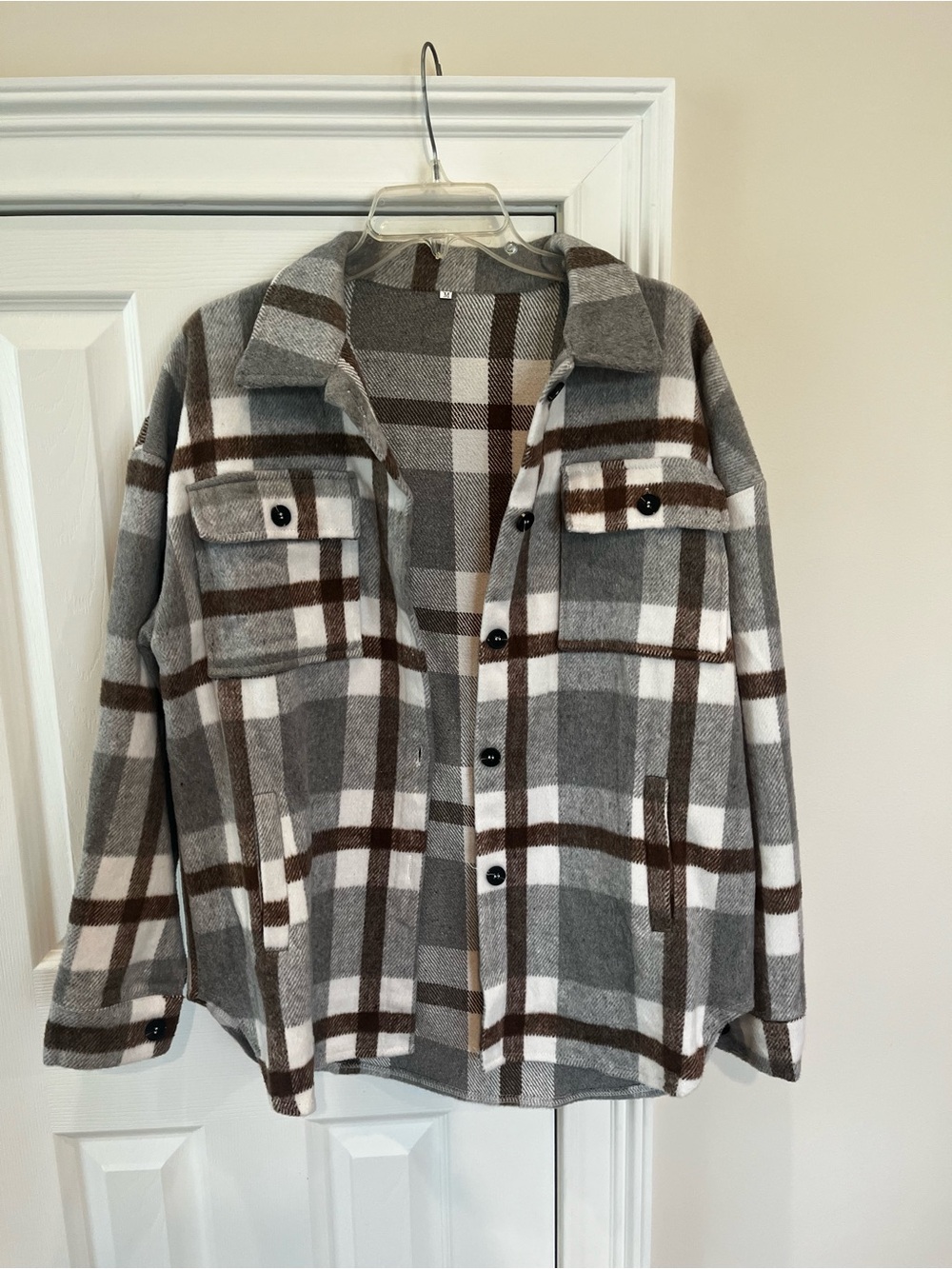 Plaid Shacket Jacket in Gray, White & Brown